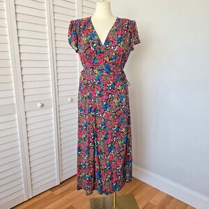 GAP Black Floral Wrap Midi Dress Sz XL Boho Cottagecore Romantic Modest Feminine